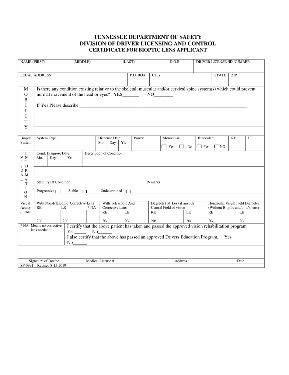 Form SF-0991 Certificate for Bioptic Lens Applicant - Tennessee, Page 1