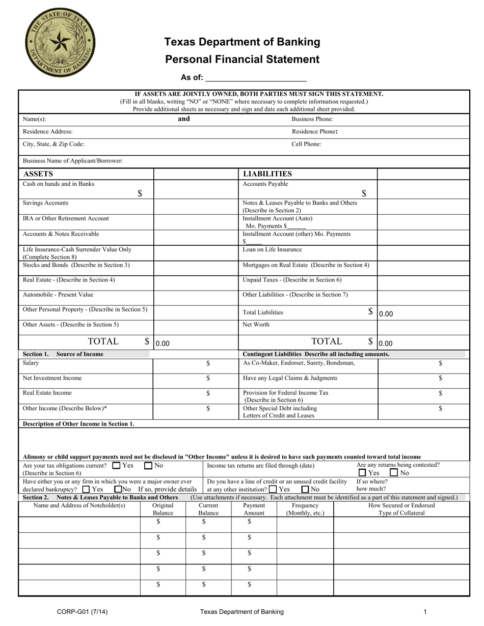 Form CORP-G01 Personal Financial Statement - Texas, Page 1