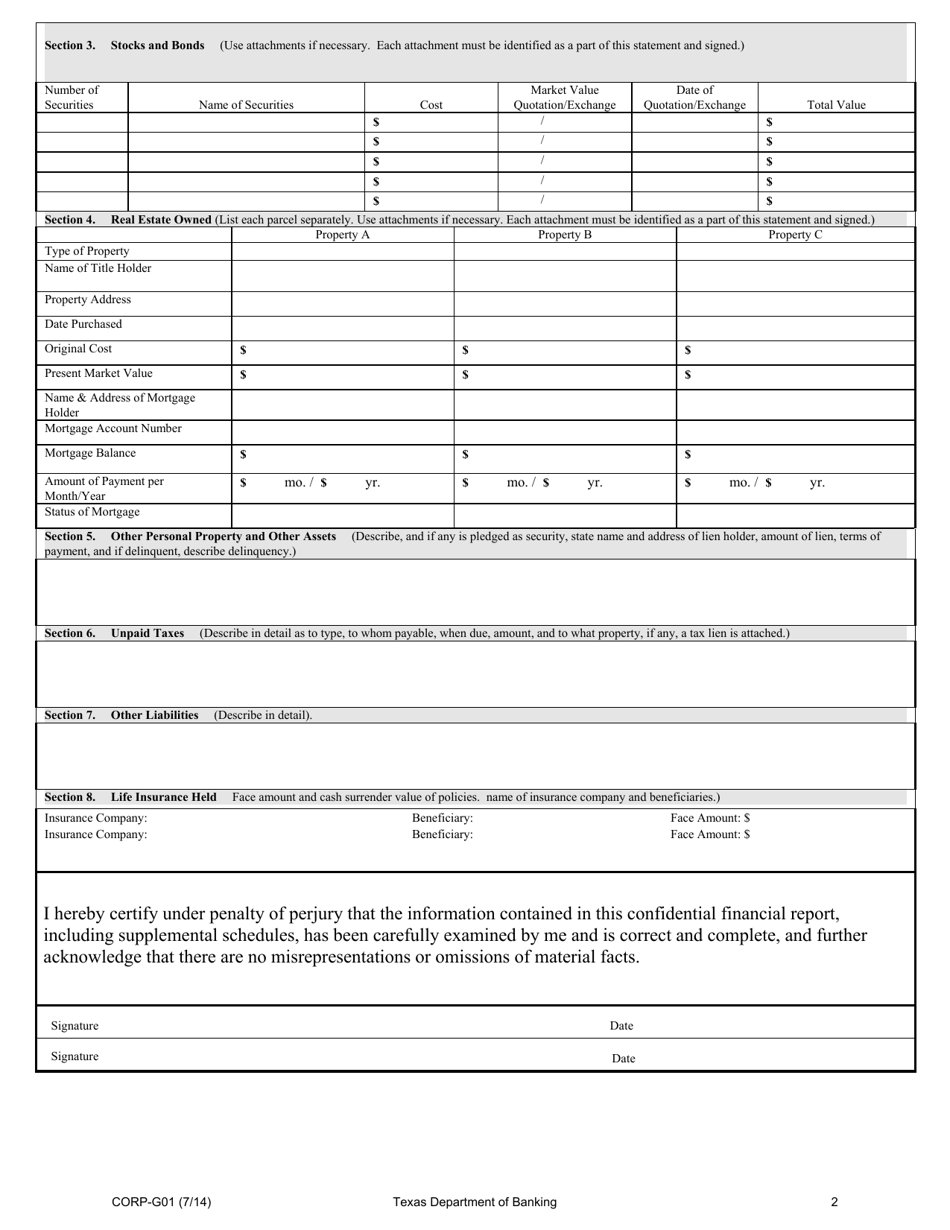 Form CORP-G01 Personal Financial Statement - Texas, Page 2