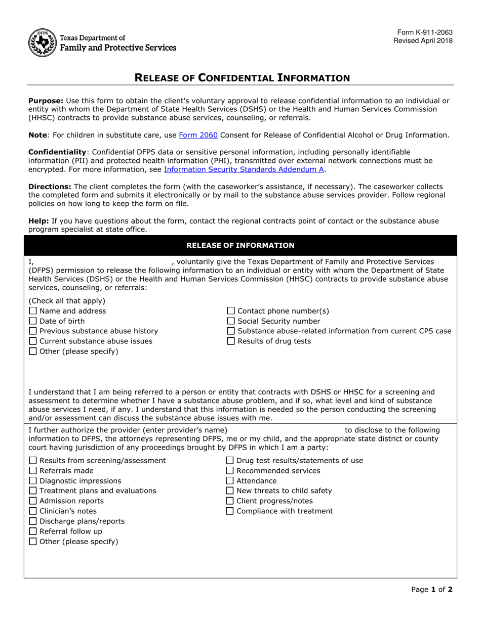 Form K-911-2063 Release of Confidential Information - Texas, Page 1