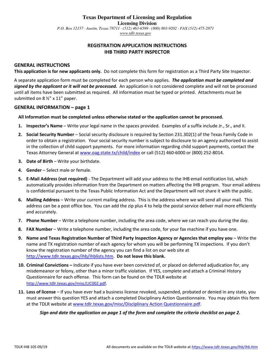 Tdlr Forms TDLR Form IHB105 - Fill Out, Sign Online and Download Fillable PDF ...