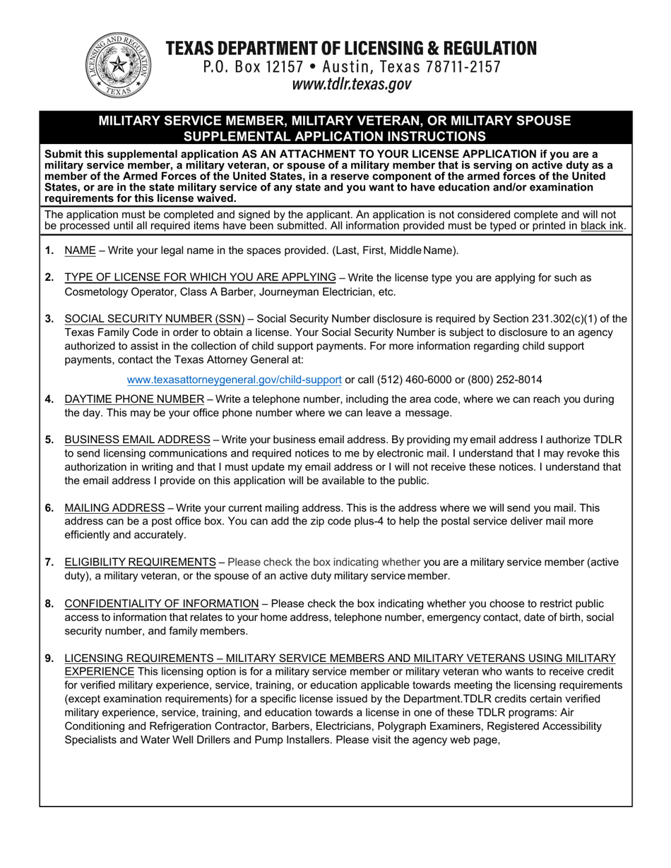 TDLR Form MIL001 Military Service Member, Military Veteran or Military Spouse Supplemental Application - Texas, Page 1
