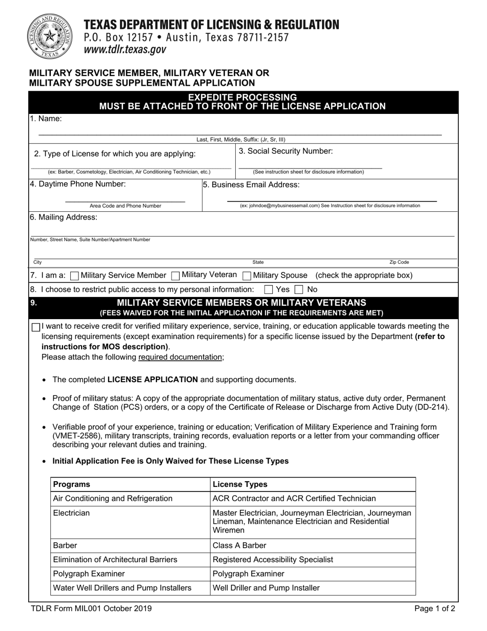 TDLR Form MIL001 Military Service Member, Military Veteran or Military Spouse Supplemental Application - Texas, Page 4