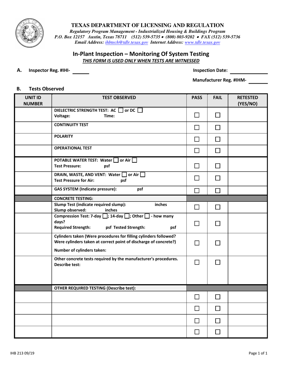 Form IHB213 In-plant Inspection - Monitoring of System Testing - Texas, Page 1