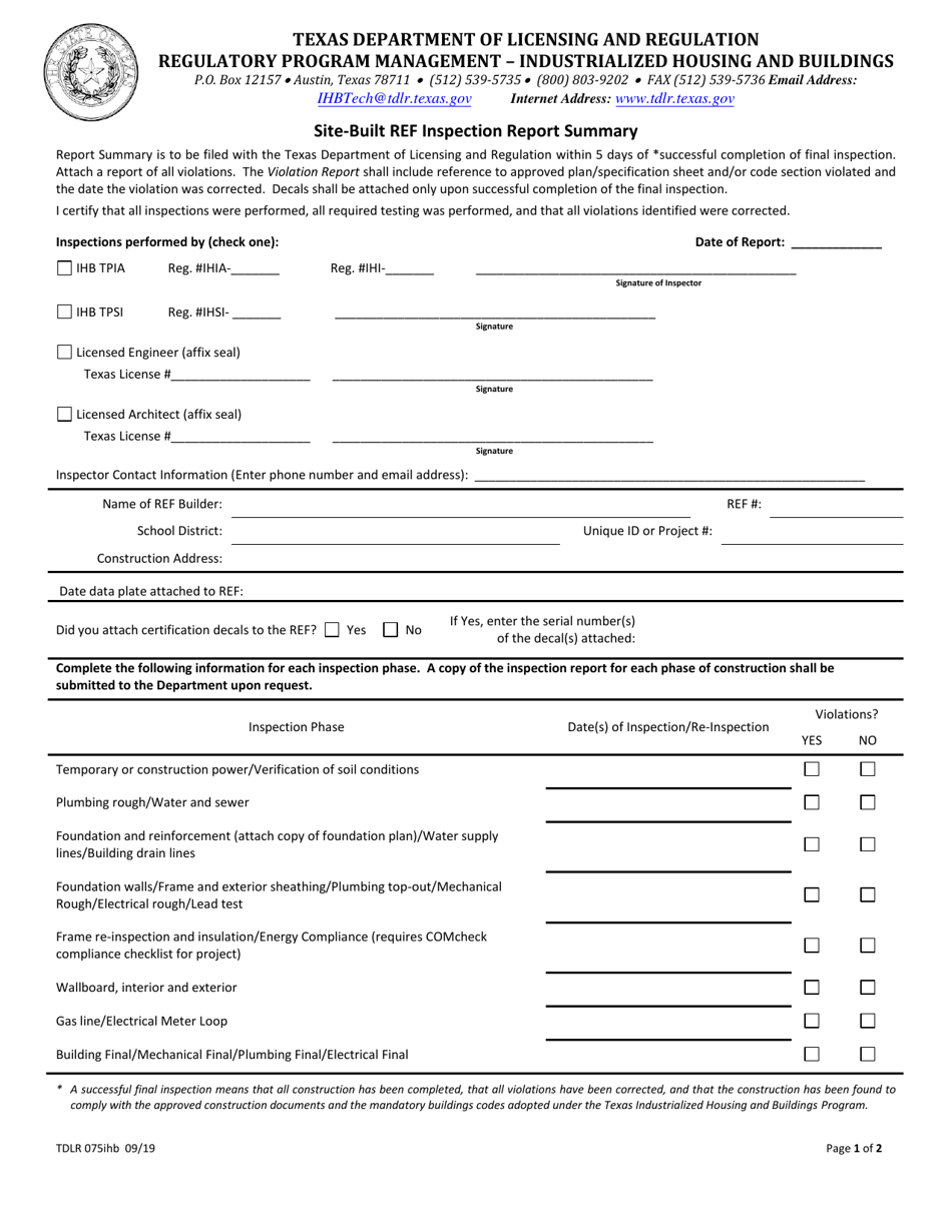 TDLR Form IHB075 Site-Built Ref Inspection Report Summary - Texas, Page 1