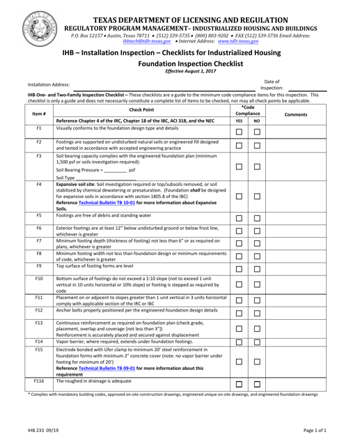 Form IHB233 Ihb - Installation Inspection - Checklists for Industrialized Housing - Texas