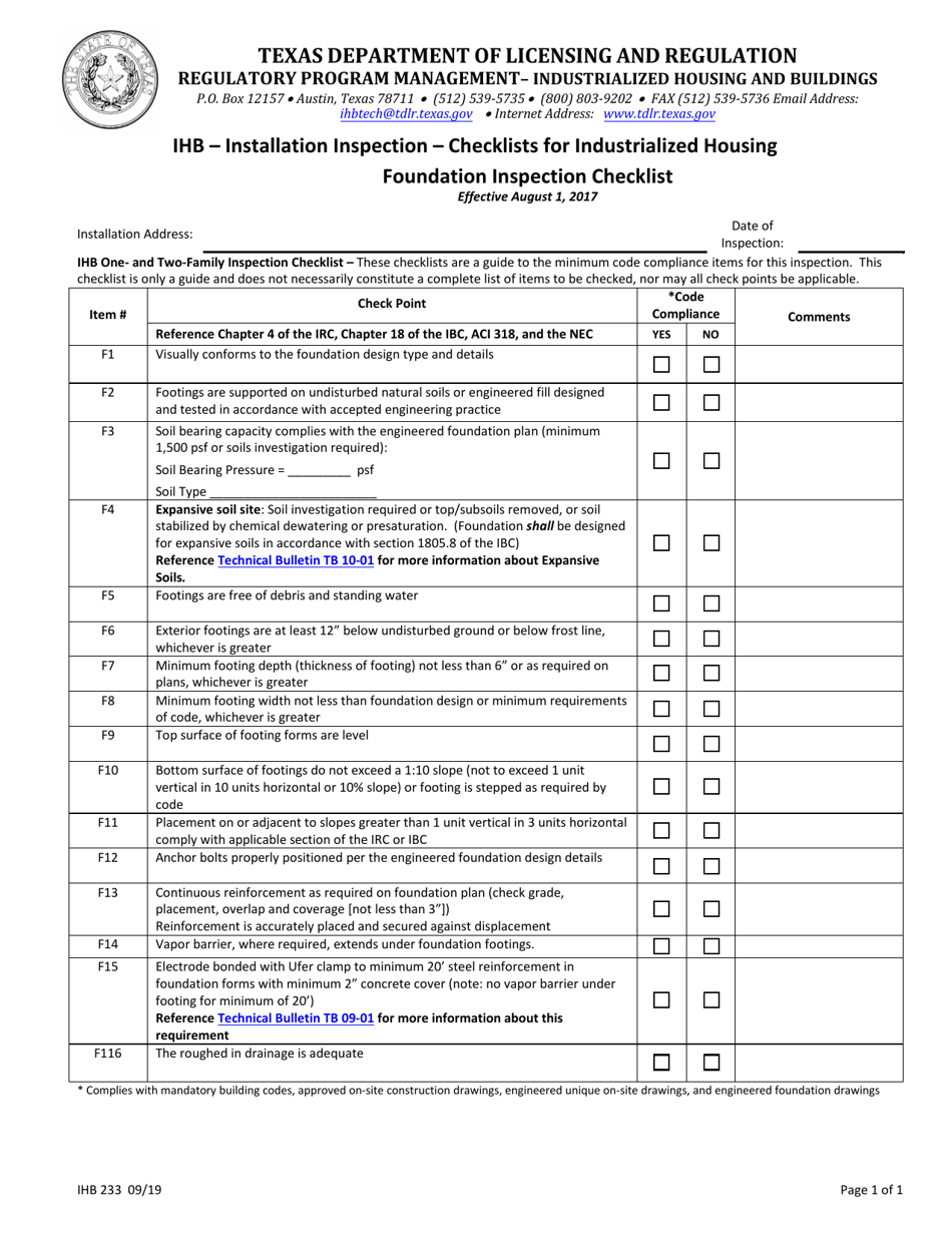 Form IHB233 Ihb - Installation Inspection - Checklists for Industrialized Housing - Texas, Page 1