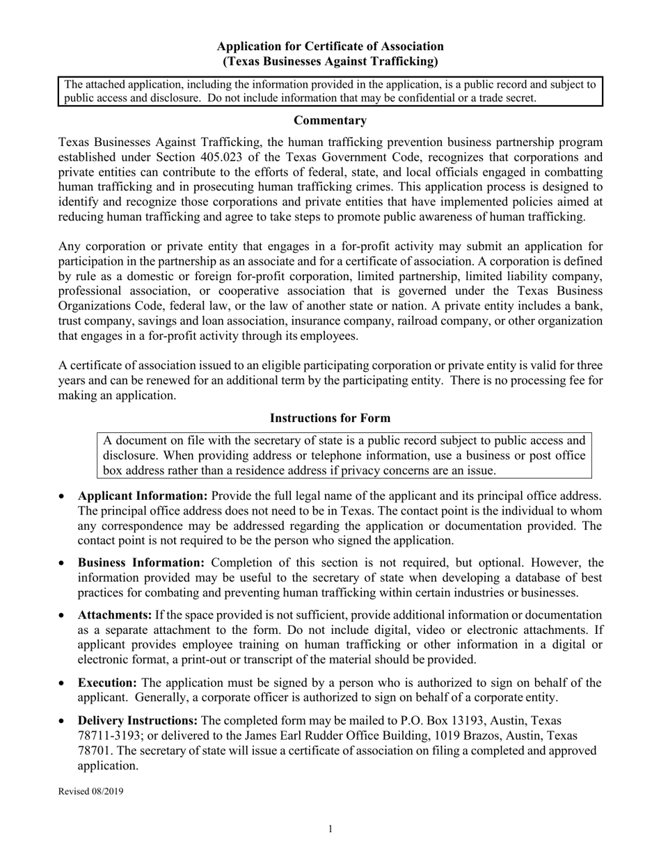 Application for Certificate of Association - Texas, Page 1