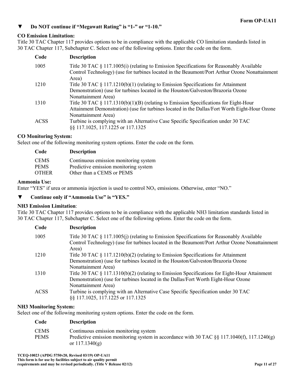 Form TCEQ-10023 (OP-UA11) Stationary Turbine Attributes - Texas, Page 11