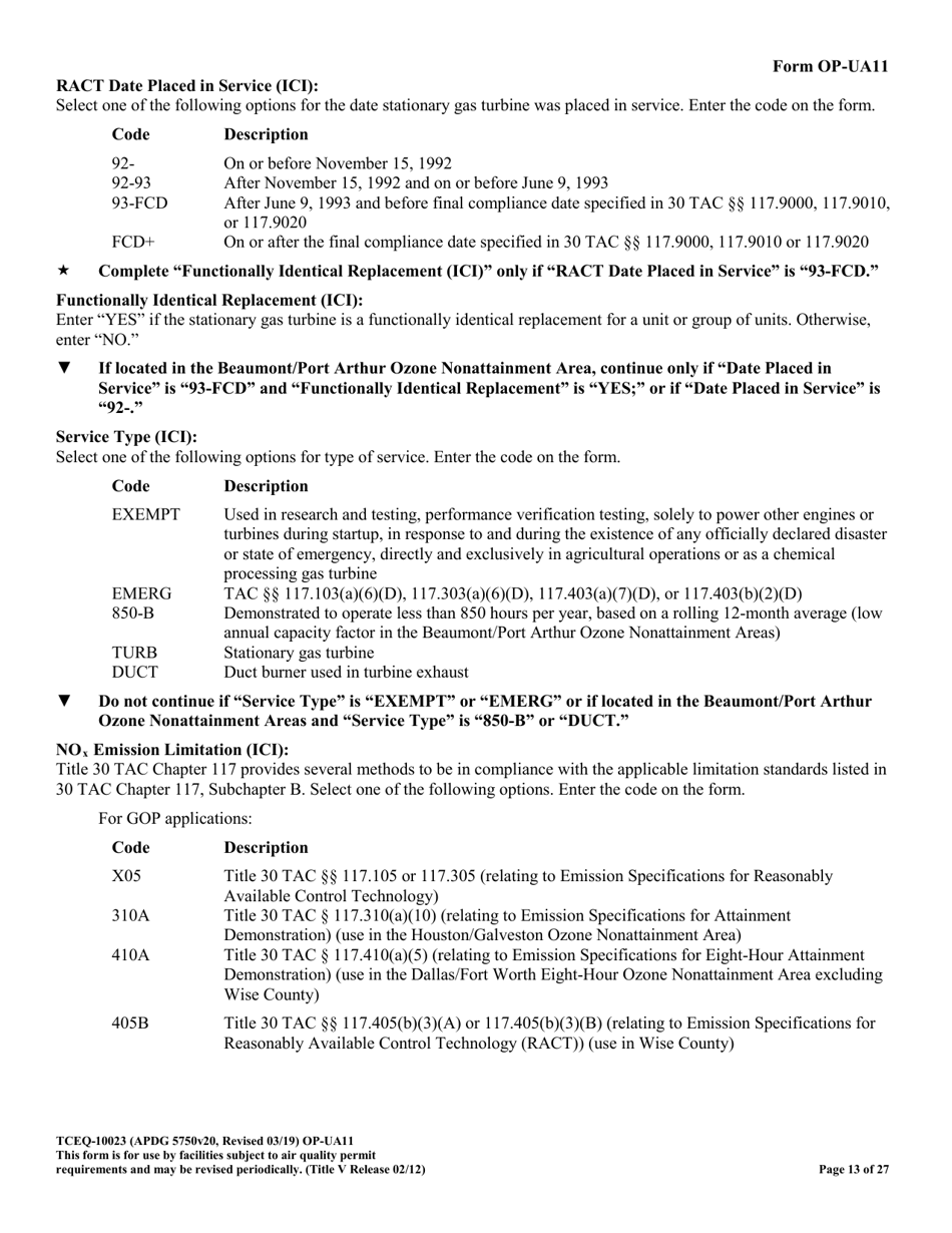 Form TCEQ-10023 (OP-UA11) Stationary Turbine Attributes - Texas, Page 13