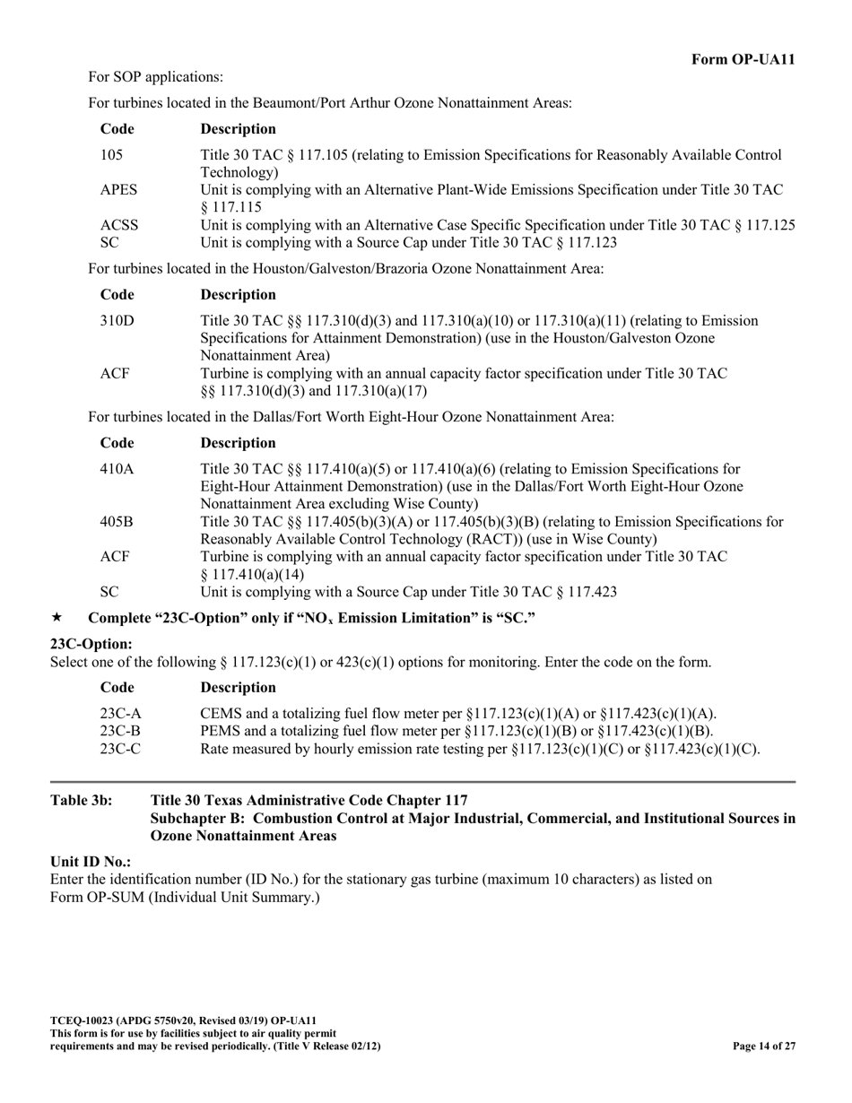Form TCEQ-10023 (OP-UA11) Stationary Turbine Attributes - Texas, Page 14