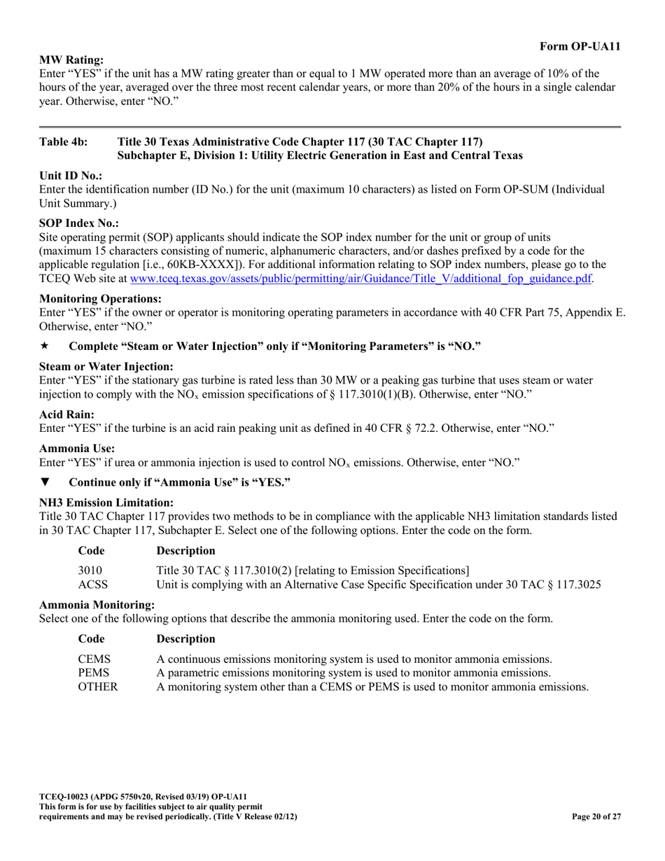 Form TCEQ-10023 (OP-UA11) Stationary Turbine Attributes - Texas, Page 20