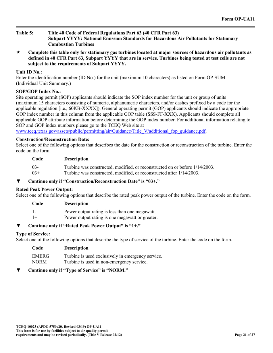 Form TCEQ-10023 (OP-UA11) Stationary Turbine Attributes - Texas, Page 21