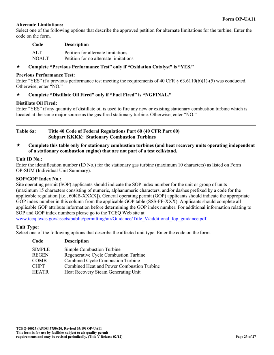 Form TCEQ-10023 (OP-UA11) Stationary Turbine Attributes - Texas, Page 23