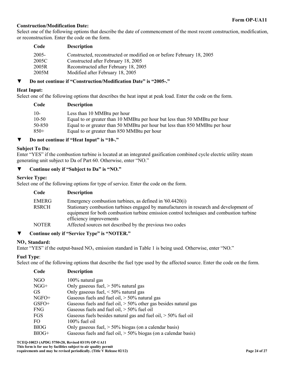 Form TCEQ-10023 (OP-UA11) Stationary Turbine Attributes - Texas, Page 24