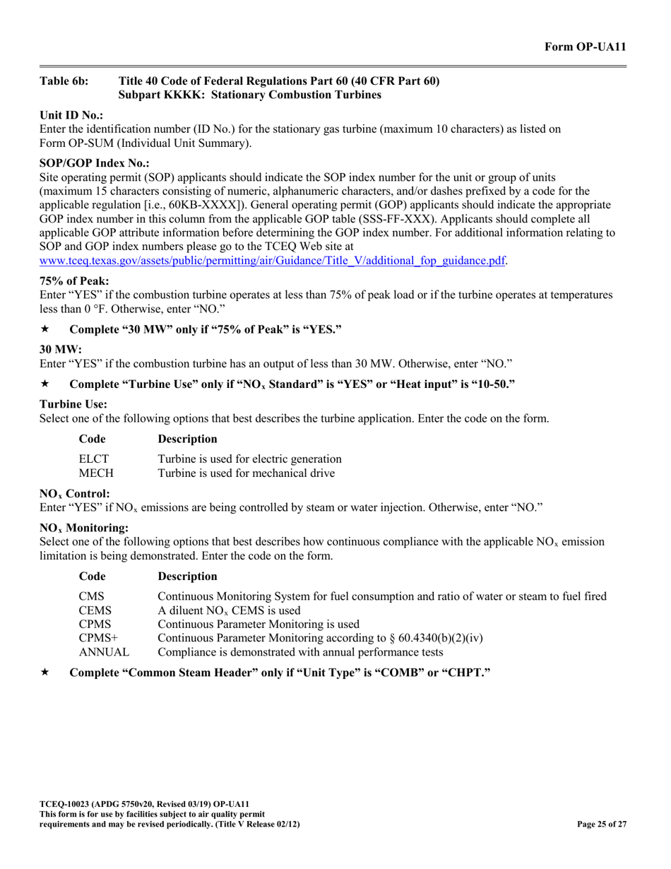 Form TCEQ-10023 (OP-UA11) Stationary Turbine Attributes - Texas, Page 25