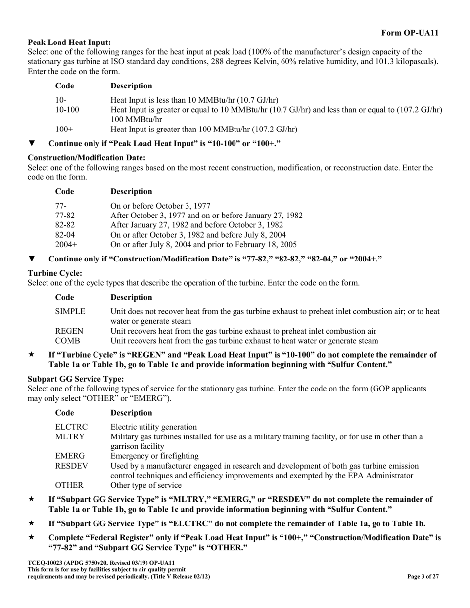 Form TCEQ-10023 (OP-UA11) Stationary Turbine Attributes - Texas, Page 3