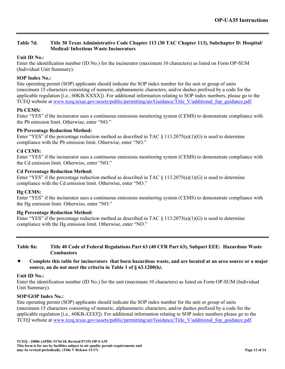 Form TCEQ-10086 (OP-UA35) Incinerator Attributes - Texas, Page 12