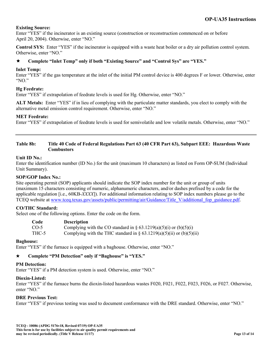 Form TCEQ-10086 (OP-UA35) Incinerator Attributes - Texas, Page 13