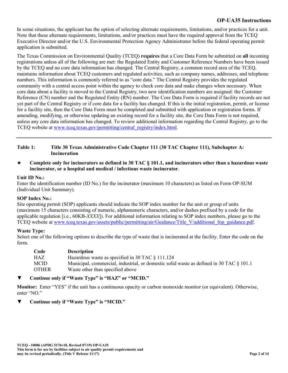 Form TCEQ-10086 (OP-UA35) Incinerator Attributes - Texas, Page 2