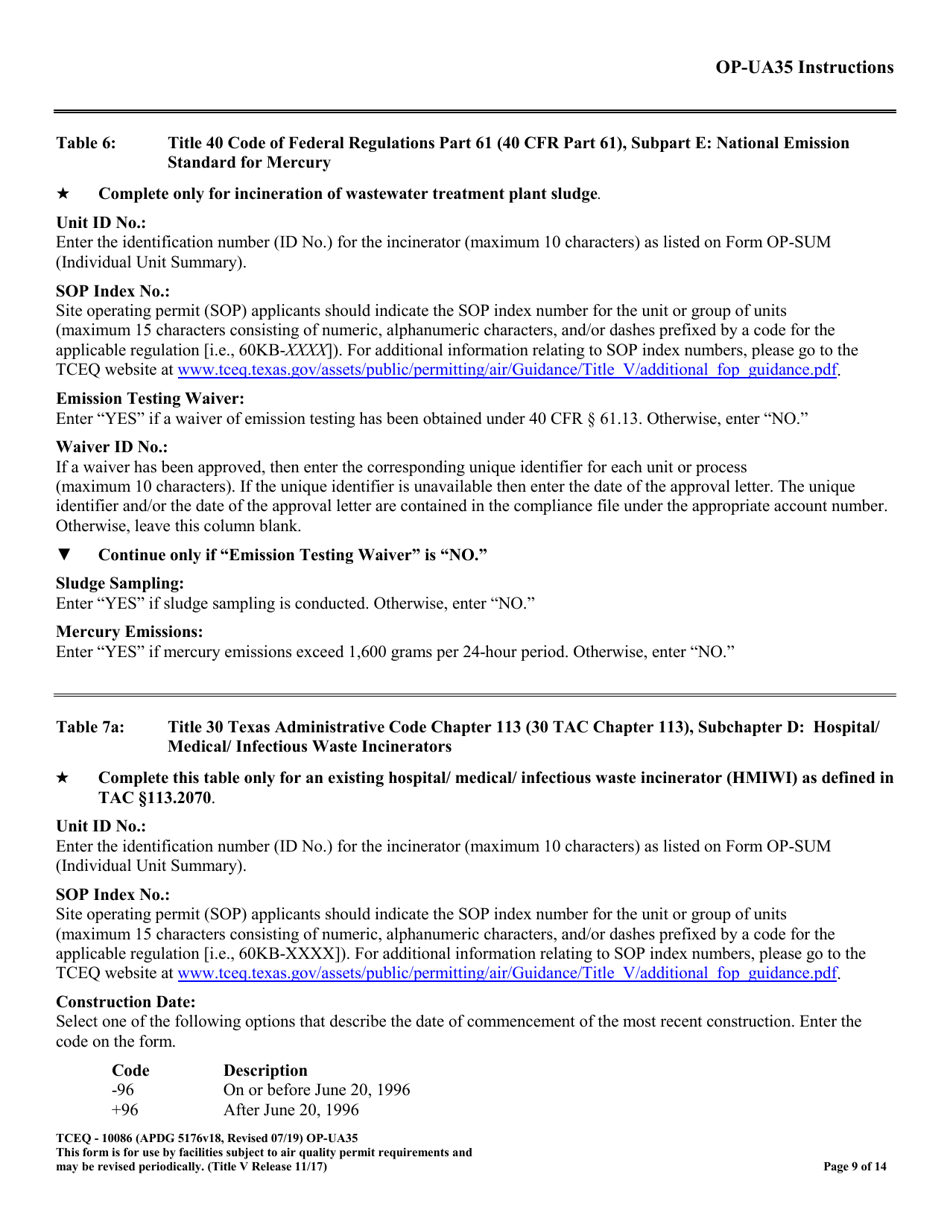 Form TCEQ-10086 (OP-UA35) Incinerator Attributes - Texas, Page 9