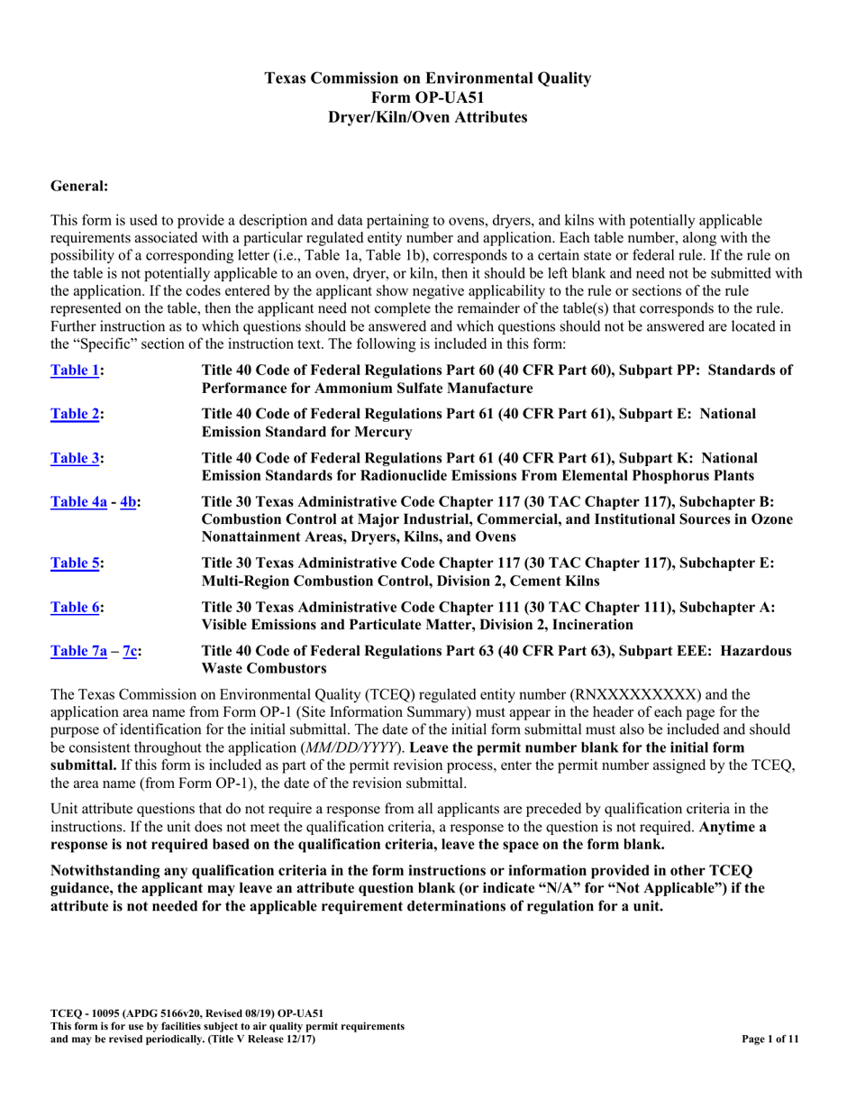 Form TCEQ-10095 (OP-UA51) Dryer / Kiln / Oven Attributes - Texas, Page 1