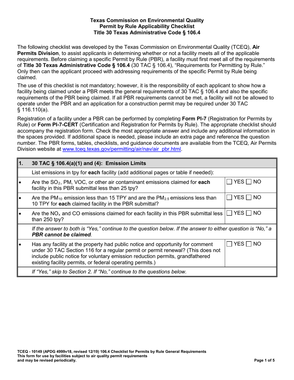 Form 10149 Permit by Rule Applicability 106.4 Checklist - Texas, Page 1