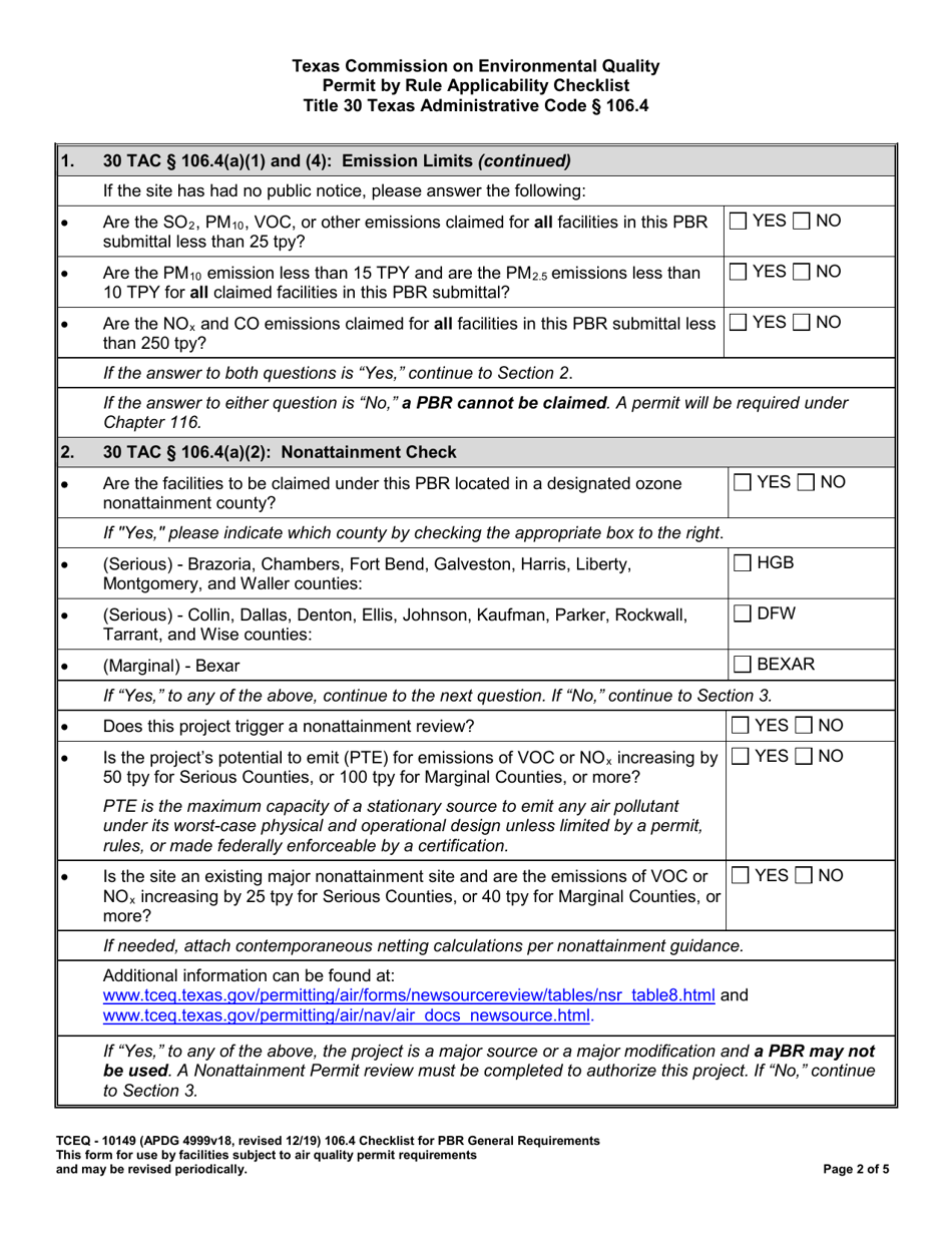 Form 10149 Permit by Rule Applicability 106.4 Checklist - Texas, Page 2