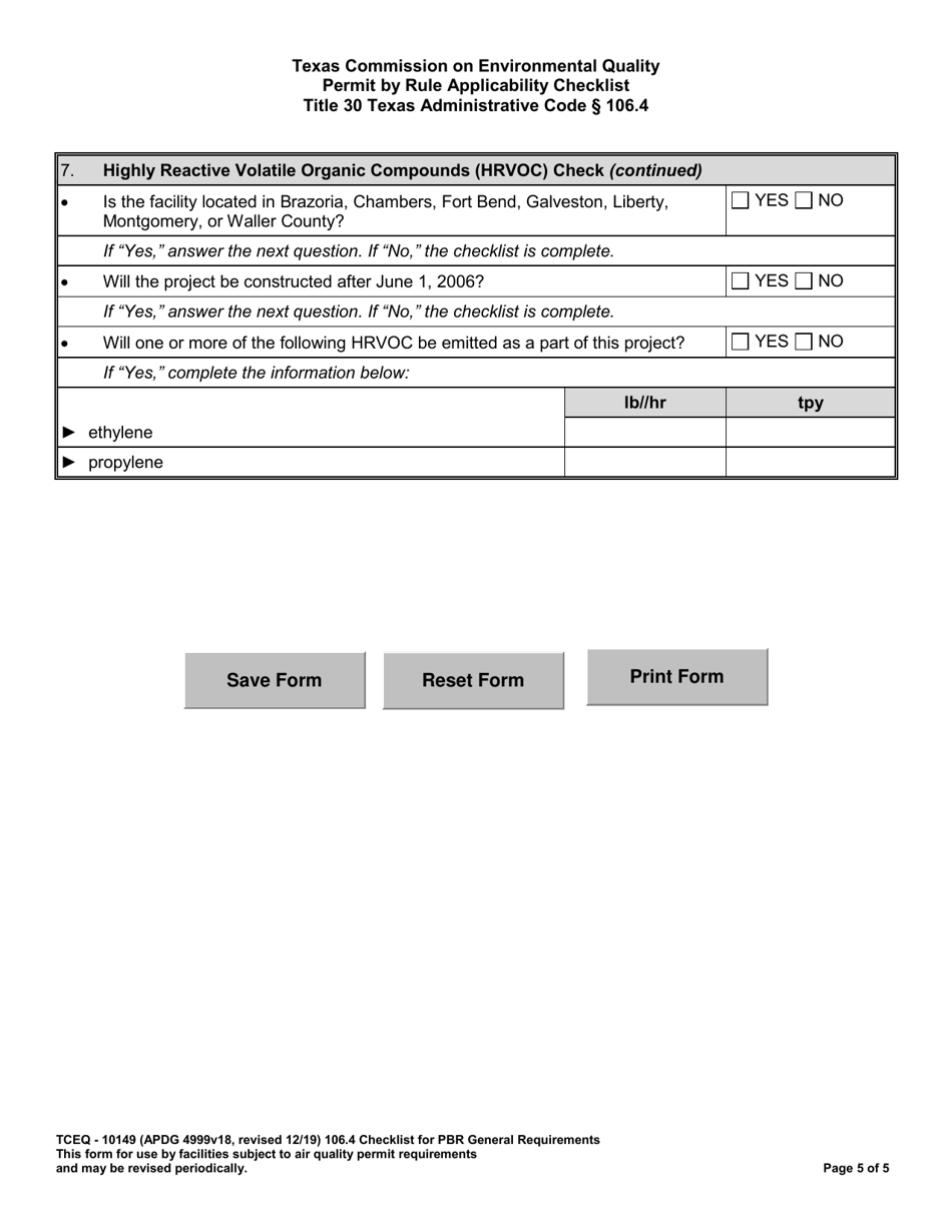 Form 10149 Permit by Rule Applicability 106.4 Checklist - Texas, Page 5