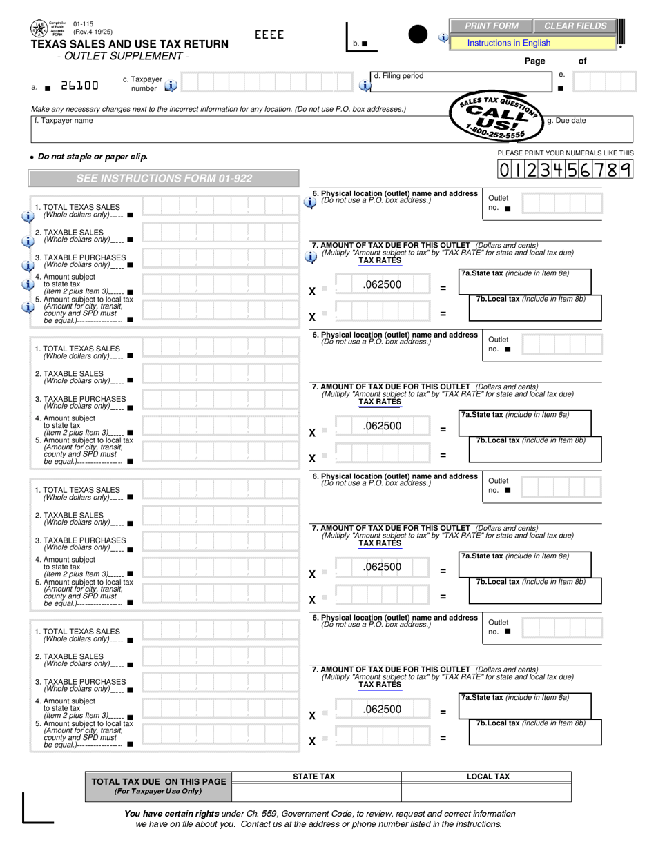 Form 01-115 Texas Sales and Use Tax Return - Outlet Supplement - Texas, Page 1