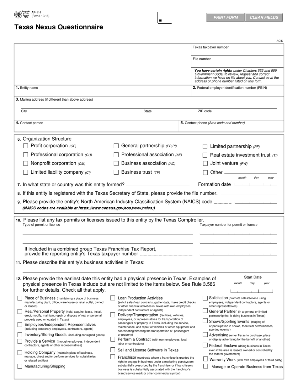 Form AP-114 Texas Nexus Questionnaire - Texas, Page 1