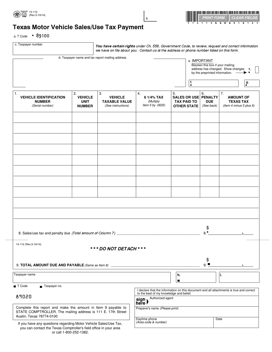 Form 14-112 Texas Motor Vehicle Sales / Use Tax Payment - Texas, Page 1