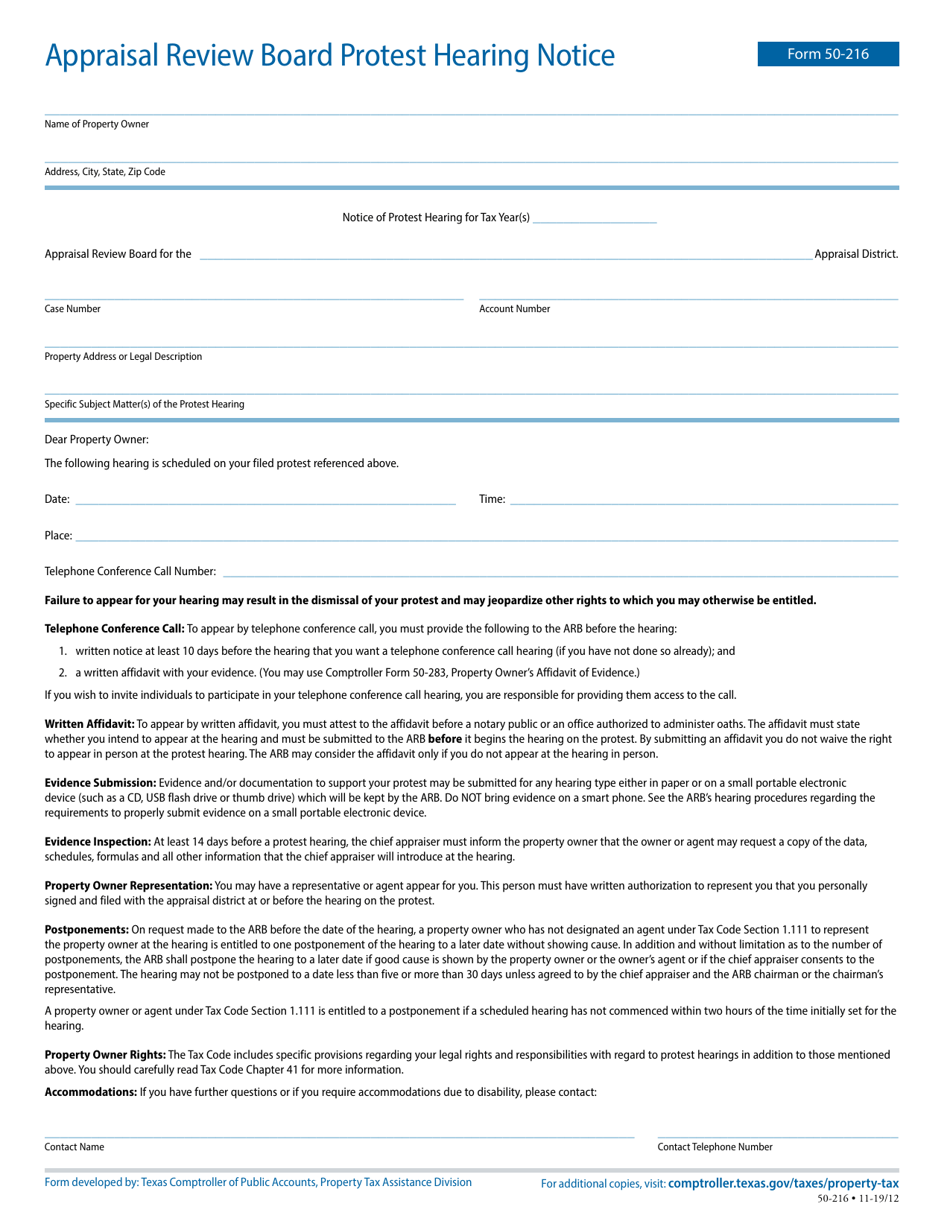 Form 50-216 Appraisal Review Board Protest Hearing Notice - Texas, Page 1