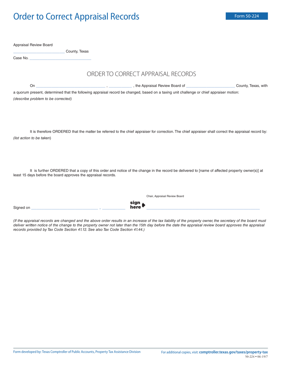 Form 50-224 Order to Correct Appraisal Records - Texas, Page 1