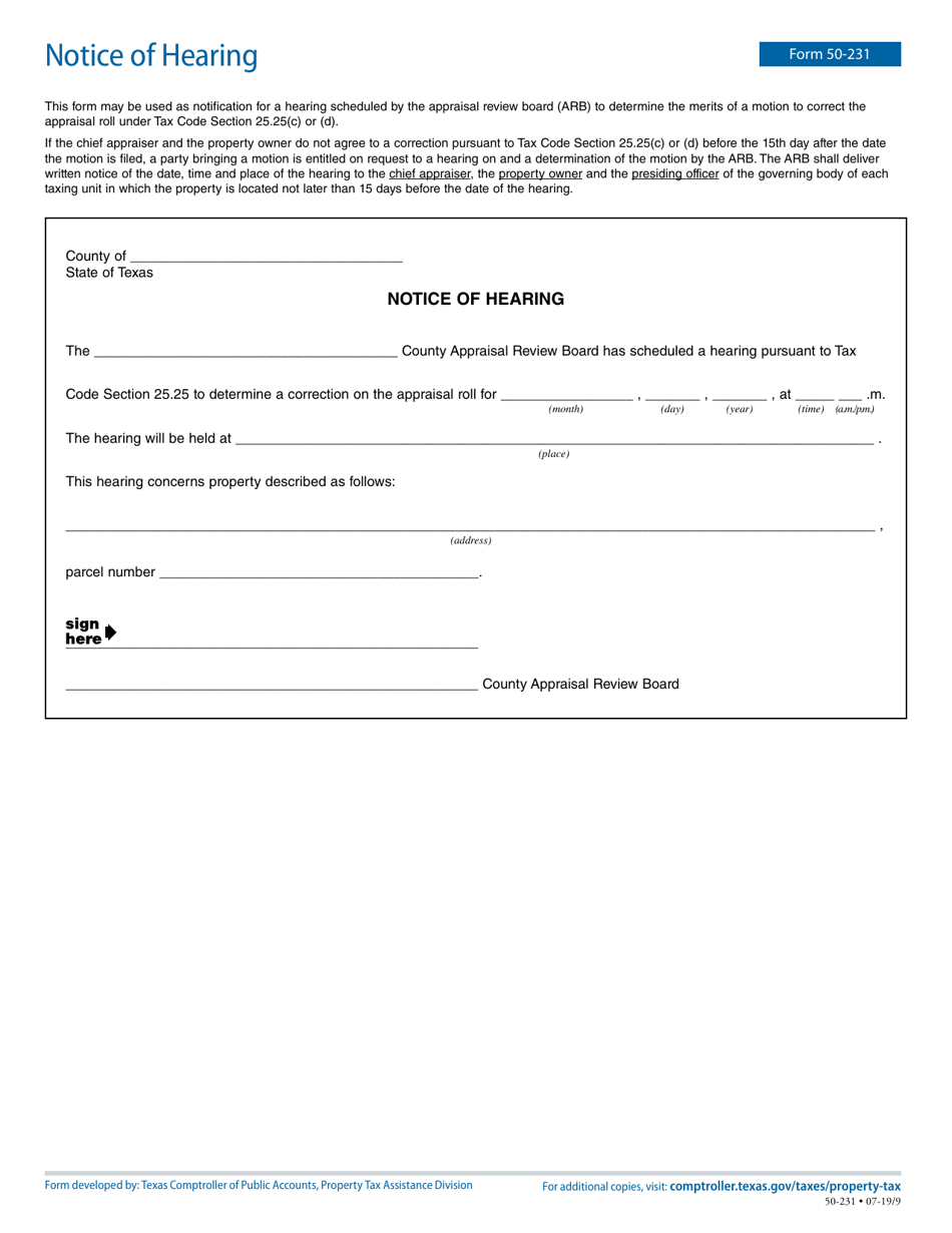 Form 50 231 Download Fillable PDF Or Fill Online Notice Of Hearing 