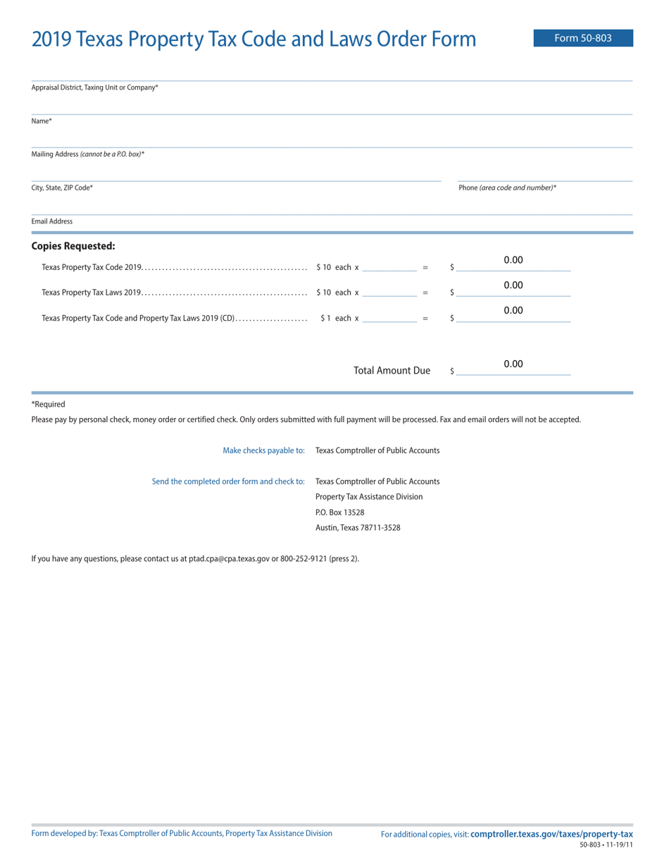 Form 50-803 Texas Property Tax Code and Laws Order Form - Texas, Page 1