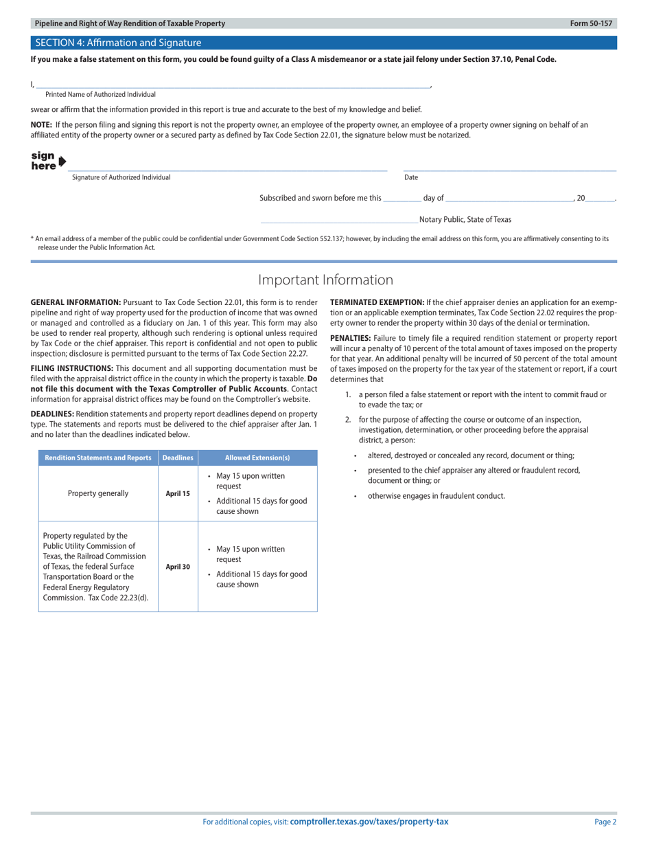 Form 50-157 Pipeline and Right of Way Rendition of Taxable Property - Texas, Page 2