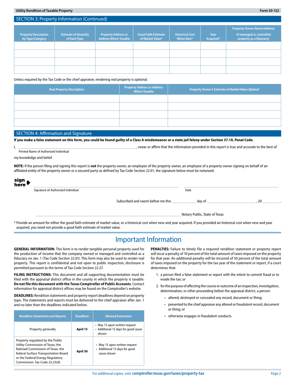 Form 50-152 Utility Rendition of Taxable Property - Texas, Page 2