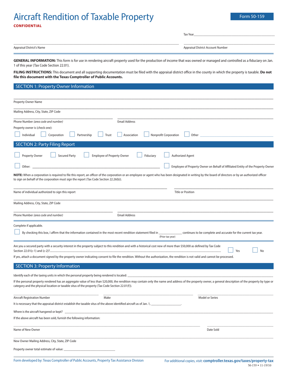 Form 50-159 Aircraft Rendition of Taxable Property - Texas, Page 1