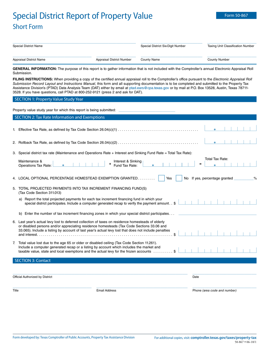 Form 50-867 Special District Report of Property Value - Short Form - Texas, Page 1