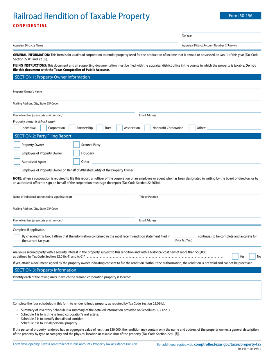 Form 50-156 Railroad Rendition of Taxable Property - Texas, Page 1