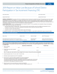Document preview: Form 50-755 Report on Value Lost Because of School District Participation in Tax Increment Financing (Tif) - Texas