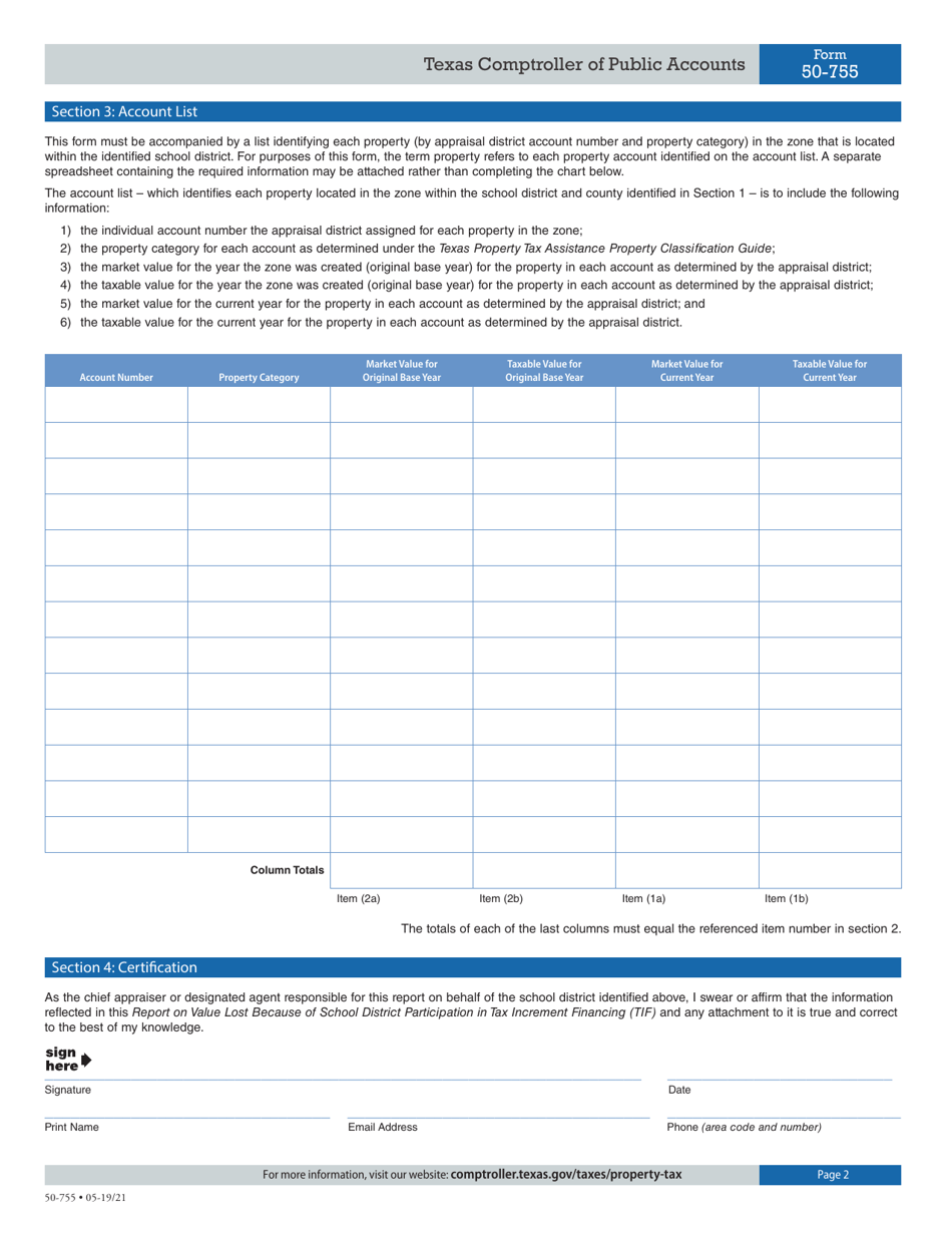 Form 50-755 Report on Value Lost Because of School District Participation in Tax Increment Financing (Tif) - Texas, Page 2