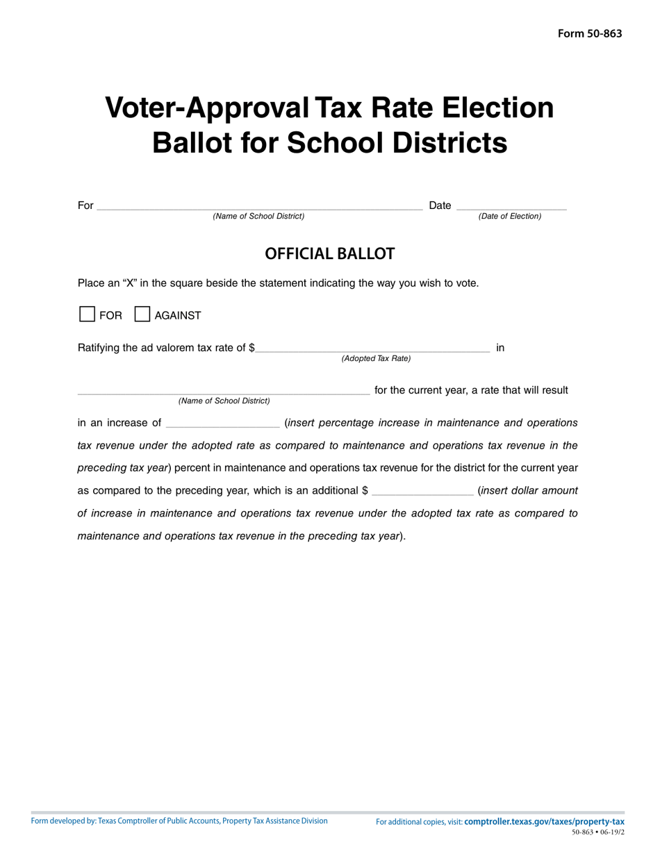 Form 50-863 Voter-Approval Tax Rate Election Ballot for School Districts - Texas, Page 1