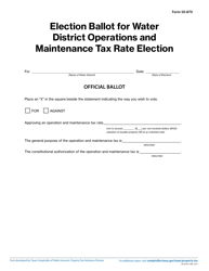 Document preview: Form 50-870 Election Ballot for Water District Operations and Maintenance Tax Rate Election - Texas