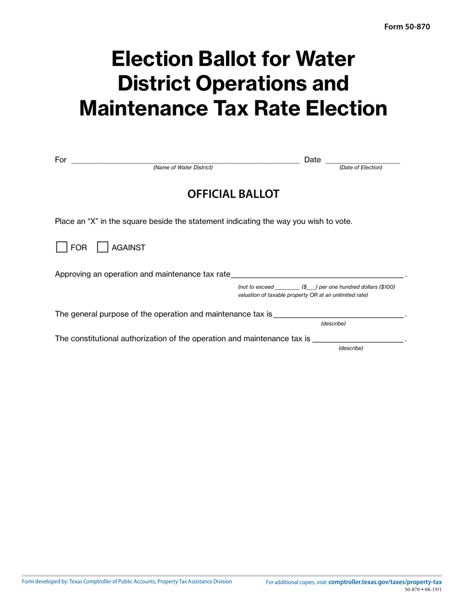Form 50-870 Election Ballot for Water District Operations and Maintenance Tax Rate Election - Texas, Page 1