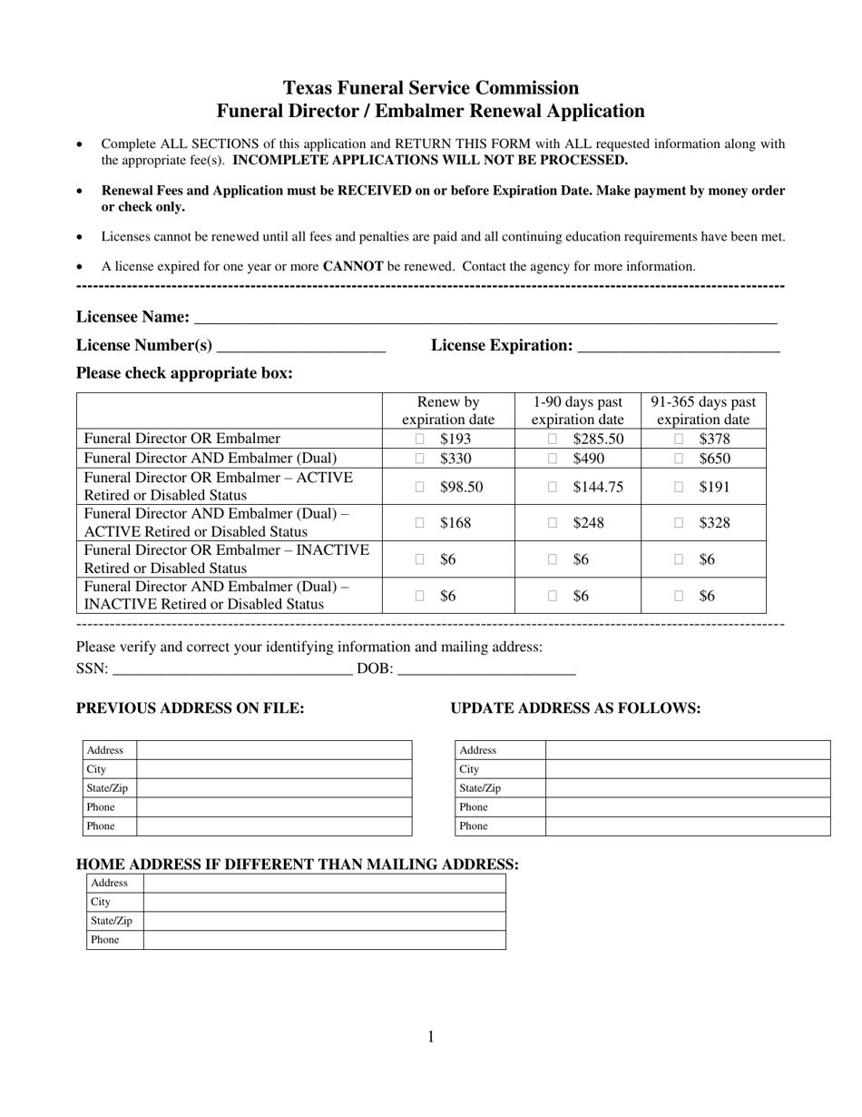 Texas Funeral Director / Embalmer Renewal Application Fill Out, Sign Online and Download PDF