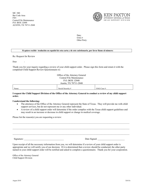 Form 3F002E Child Support Review Questionnaire - Texas