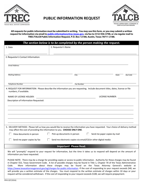 Form PIR-0 Public Information Request - Texas