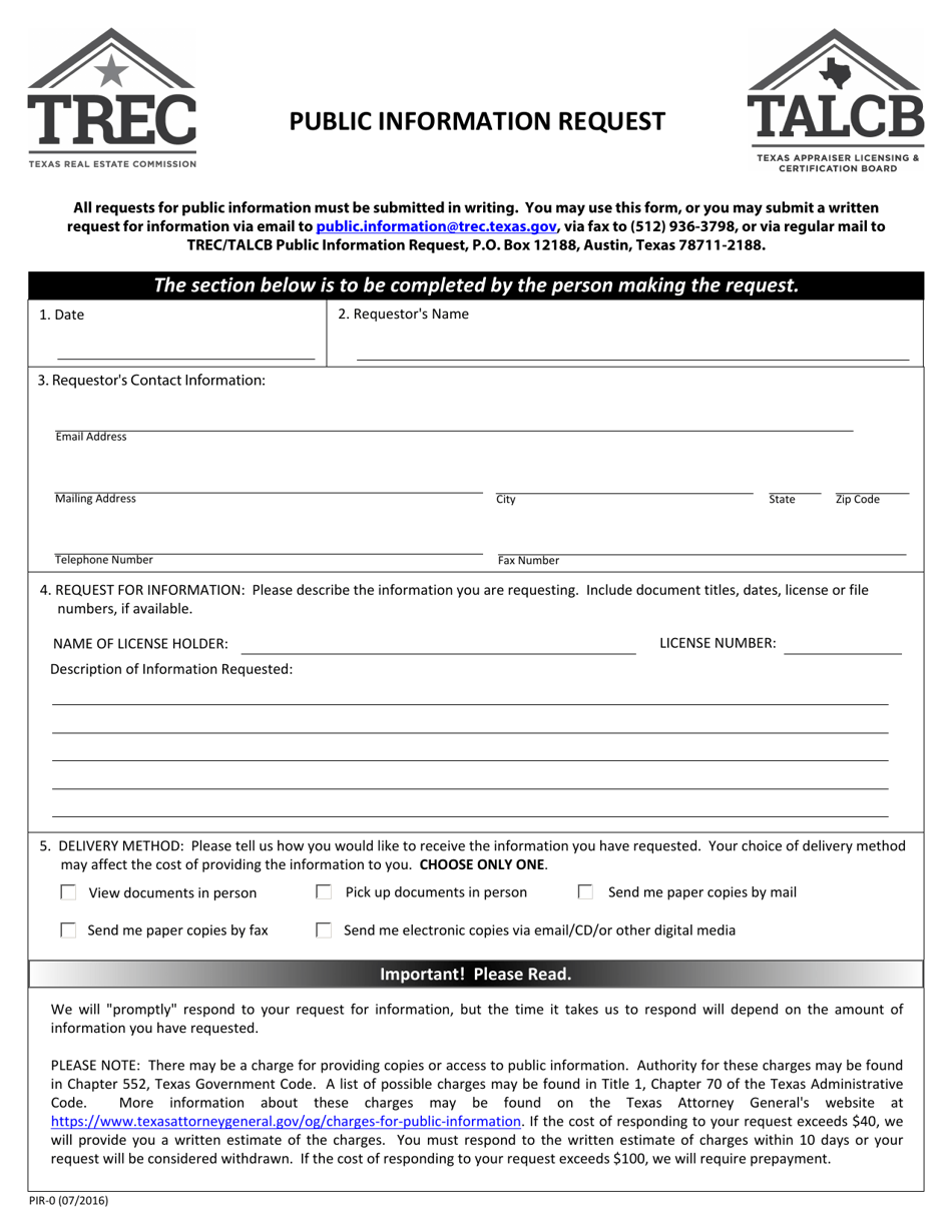 Form PIR-0 Public Information Request - Texas, Page 1